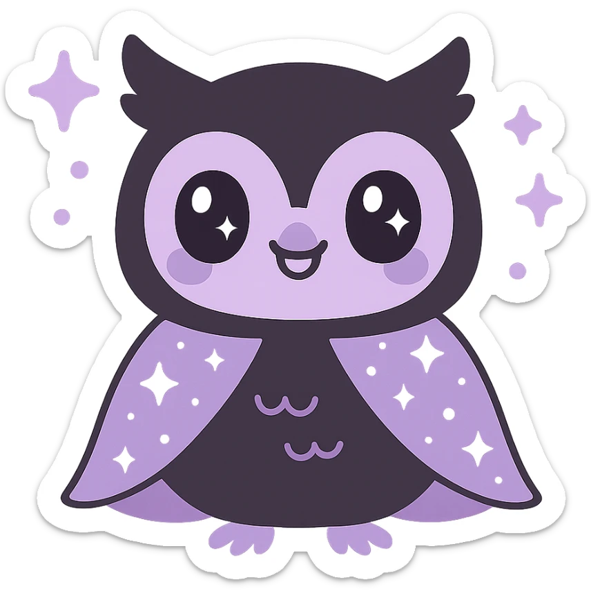 kawaii style magical gothic owl, cute face, black feathers, purple accents, wearing a starry cape, surrounded by magical sparkles, mysterious and friendly sticker