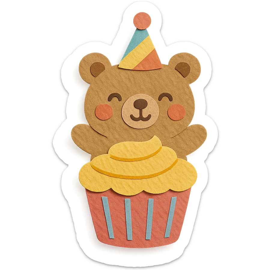 fluffy bear popping out of a cupcake, wearing a party hat, paper-craft style sticker
