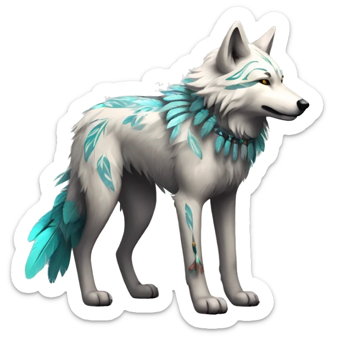 Fluffy Shy Spiritual Shamanic Wolf With Shiny Tribal Markings wearing feathers Full Body sticker