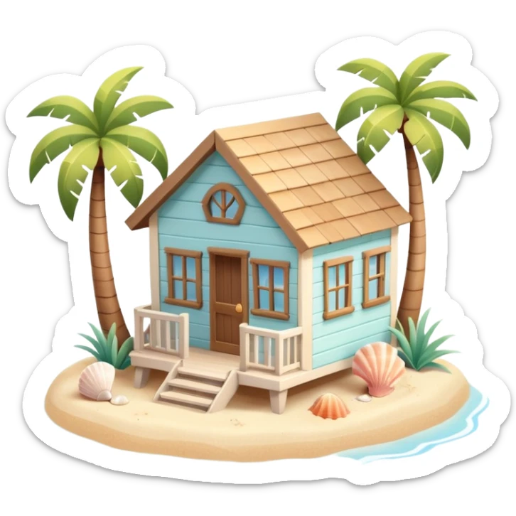 cute beach house, small seaside house, wooden walls, pastel colors, palm trees, seashells, warm sunlight, 3D cartoon, mobile game icon style, soft shadows, clean background, no text, no watermark
 sticker