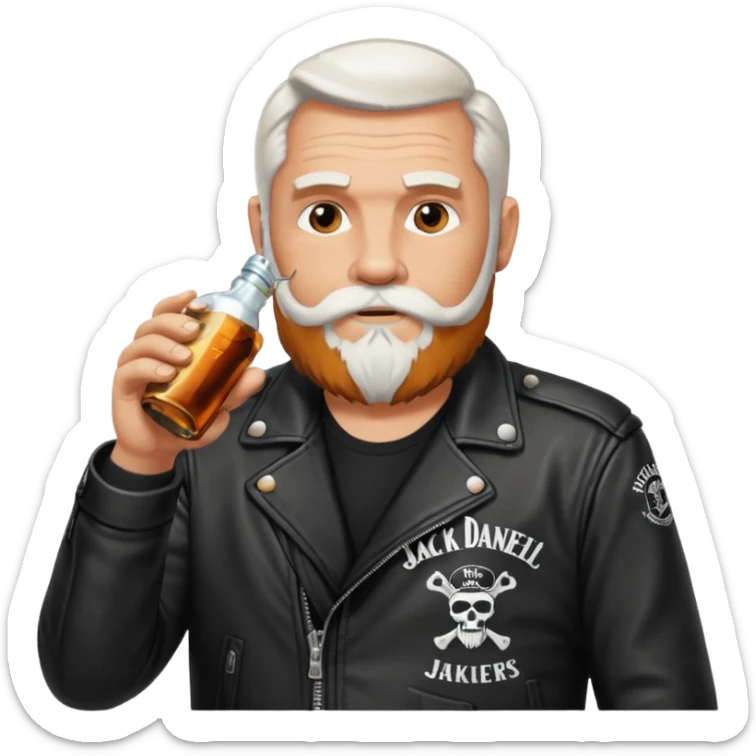 Un motero de barba blanca, chupa de cuero y bebiendo de una botella de Jack Daniel's. sticker
