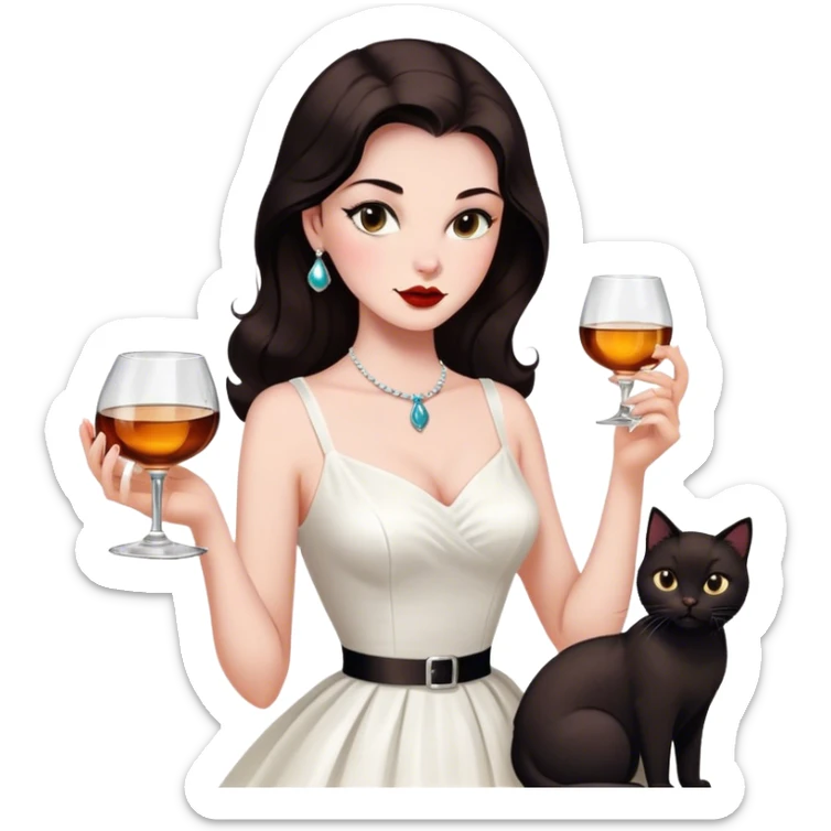 Beautiful woman in 1950’s woman fashion look, white dress, long dark brown hair, whisky with ice, black cat sticker