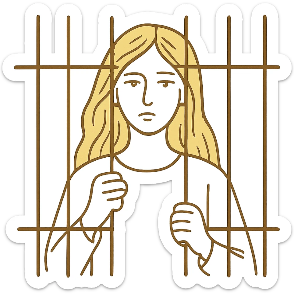 hand drawn outline style of a golden girl with long hair behind jail bars sticker