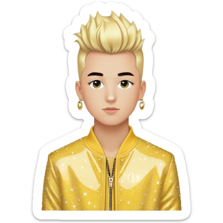 TheBlondeJon (Jon Madrid) TikTok influencer / music artist / entrepreneur with blonde frohawk wearing yellow sparkle glitter Dior jacket sticker