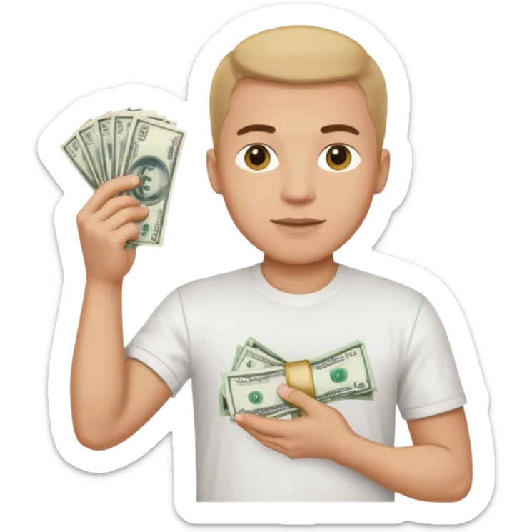 an American man with money in his hands wearing a T-shirt sticker