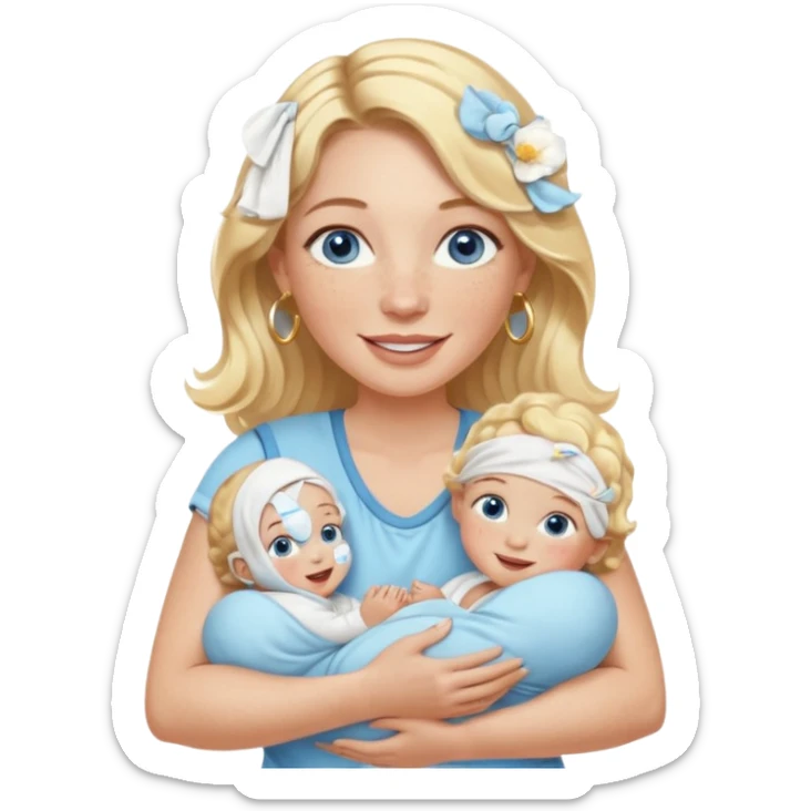 Wavy blonde, white woman with blue eyes, freckles hoop earrings, holding babies smiling and really cute in gold hoops she needs to be holding three newborns, and she needs to be more cute than pretty sticker