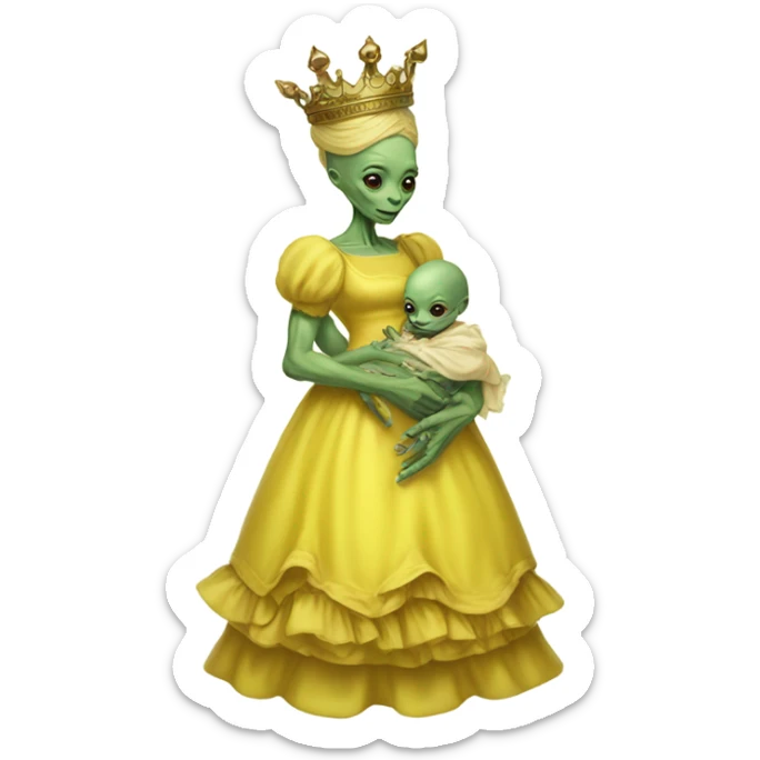  Reptilian alien woman, full body, in victorian jellow elegant dress, have a crown,holds a newborn humman baby sticker