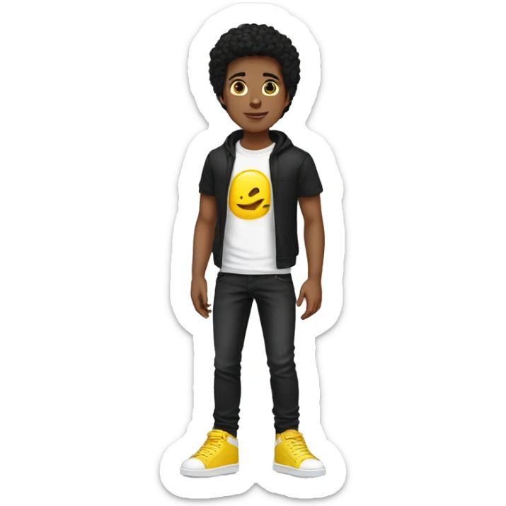 Boy with black hair black t-Short black jeans yellow sneakers and white skin sticker