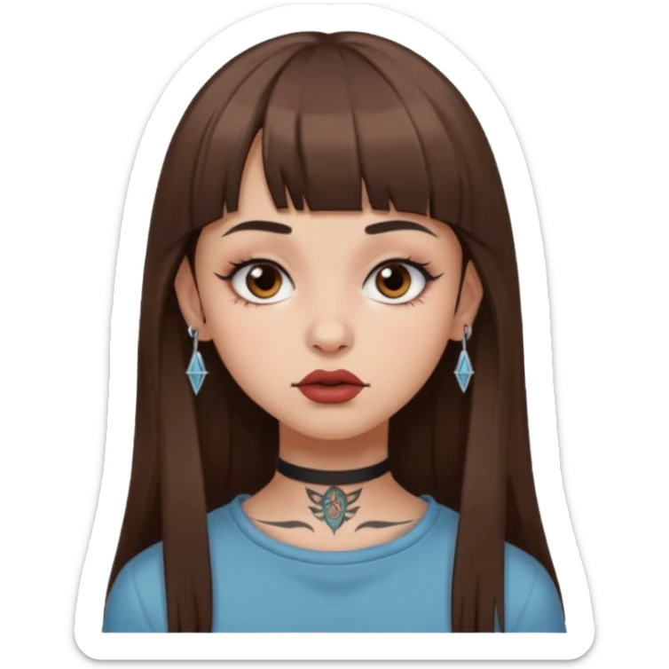 Alternative girl with long straight brown hair and micro bangs and a throat tattoo sticker