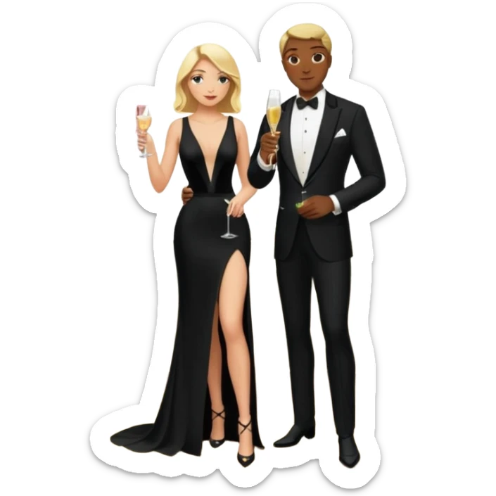 Blonde woman, black, Long, tight, sleveless Dress, Slot left Leg, man, DARK Hair, in Dinner jacket, Background ballroom, drinking champaign sticker