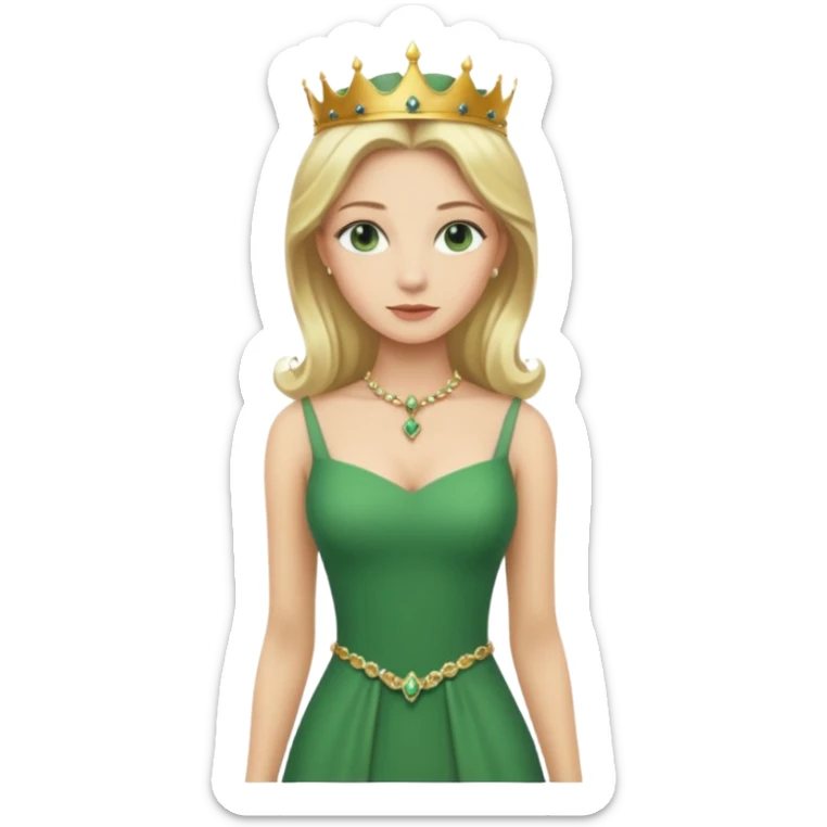 Queen, crown, blonde hair, green eyes, long green tight dress, whole Body, sticker