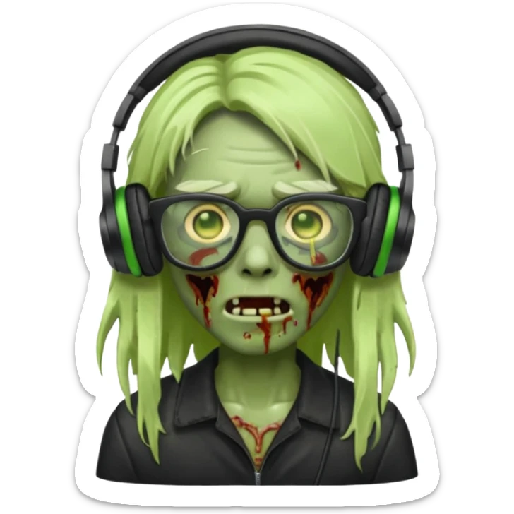 Zombie emoji with a middle long hair part style with black glasses and headphones sticker