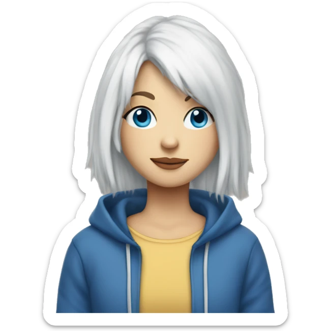 white hair, pony tail, with curtain bangs, blue eyes, wearing hoodie but worn down sticker