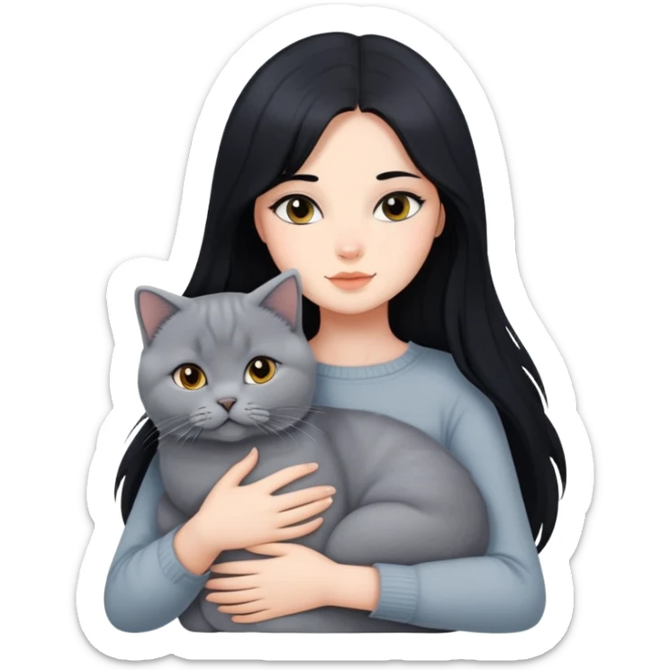 A beautiful girl with long black hair hugs a British Shorthair sticker