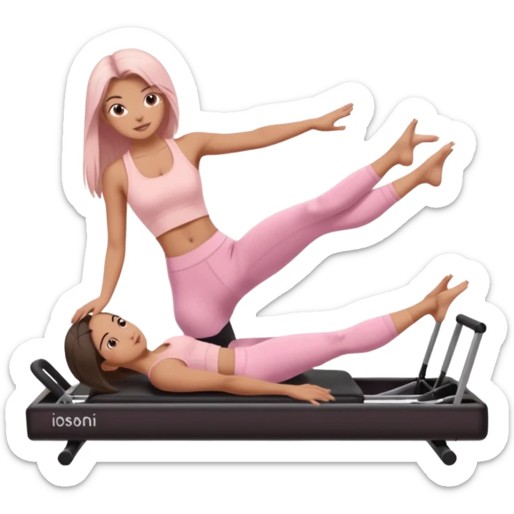 a girl doing reformer pilates, she is wearing a pastel pink fit and she has dark straight and loose hair.  sticker