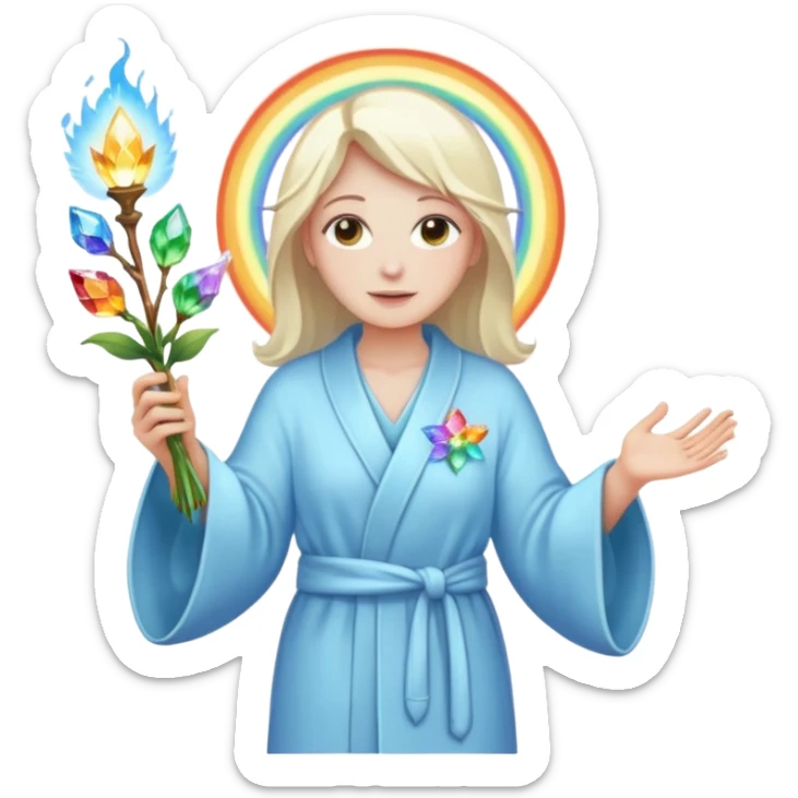 a being of light with a robe on made of light and who is lanky holding a bouquet of crystal flowers on rainbow fire sticker