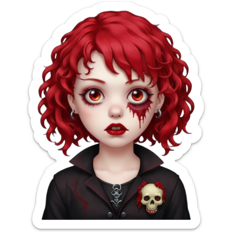 zombie girl red hair cacheado médio e franja, com piercing na boca(labret lateral), roupa gótica  sticker