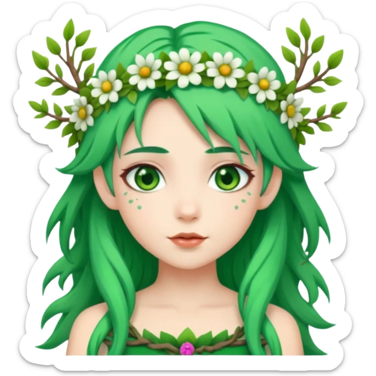 A forest princess with green hair, green eyes, wearing a wreath of flowers and branches sticker