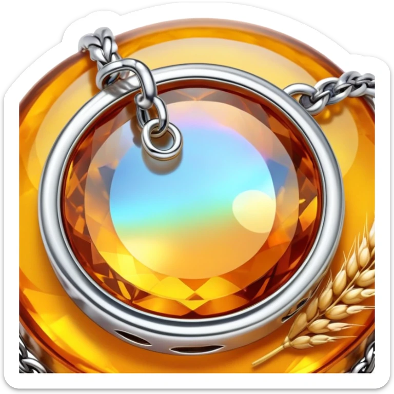 extreme close up of a round cut holographic amber charm with silver metal accent and wheat chain sticker