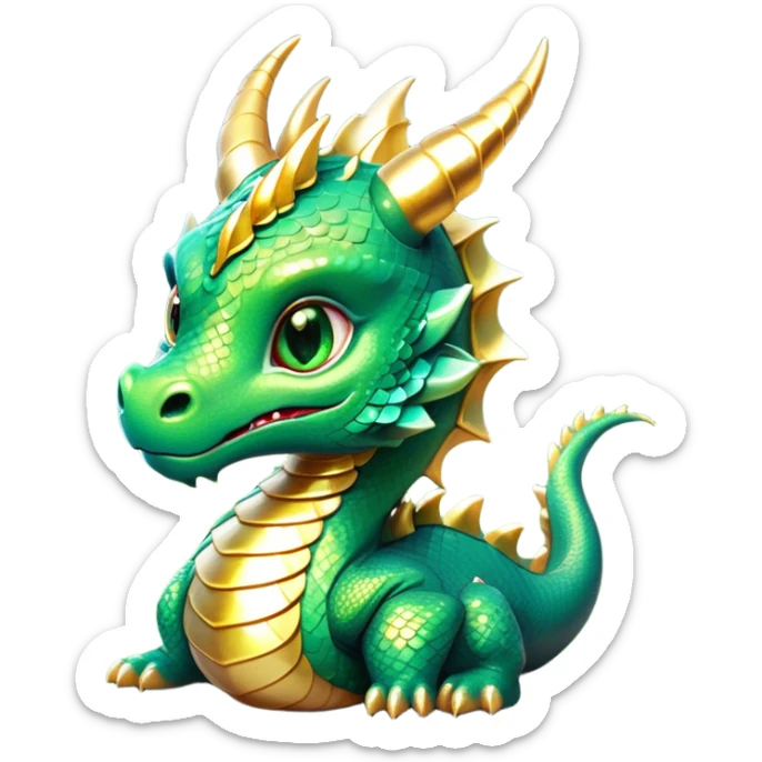 Cinematic Cute Dragon Portrait Emoji, Head tilted playfully and inquisitively, featuring a sleek, serpentine form adorned with iridescent scales that shift between emerald and gold, a delicate set of subtle horns, and round, sparkling eyes full of curious magic; rendered with realistic detail and warm natural light, high shine, affectionate and enchanting, styled with a touch of whimsical fantasy, soft glowing outline, capturing the essence of a mischievous yet lovable dragon that seems poised to slither playfully into your arms! sticker