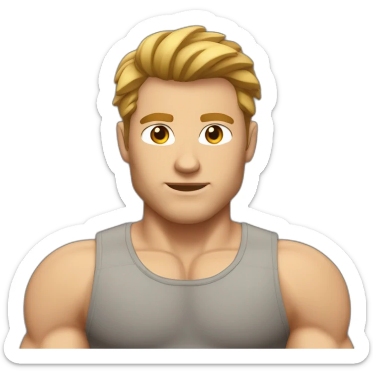 Muscular white man with brown color high volume hair cut wearing gym tshirt sticker