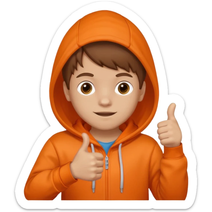 Brown hair kid in an orange hoodie with the "thumbs up" sign sticker