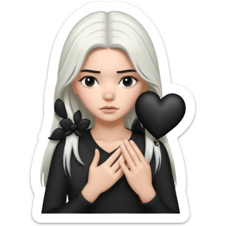 A Kendall Jenner with long white hair is sad and holds a black heart in her hands sticker