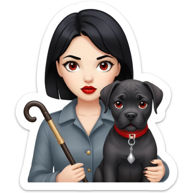 Fashionable girl with black hair and red lips with a Cane Corso dog sticker