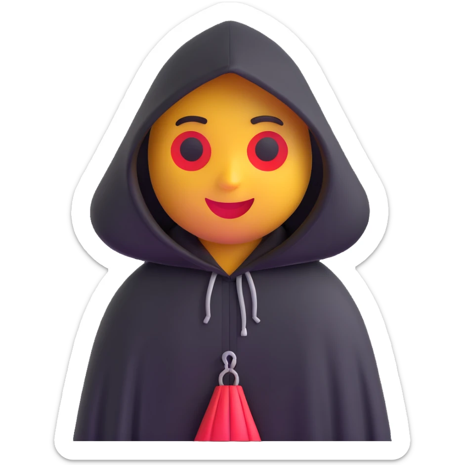 3D emoji of a character with a black hooded cloak, red accents, and a mysterious, shadowy appearance, inspired by the image provided. sticker