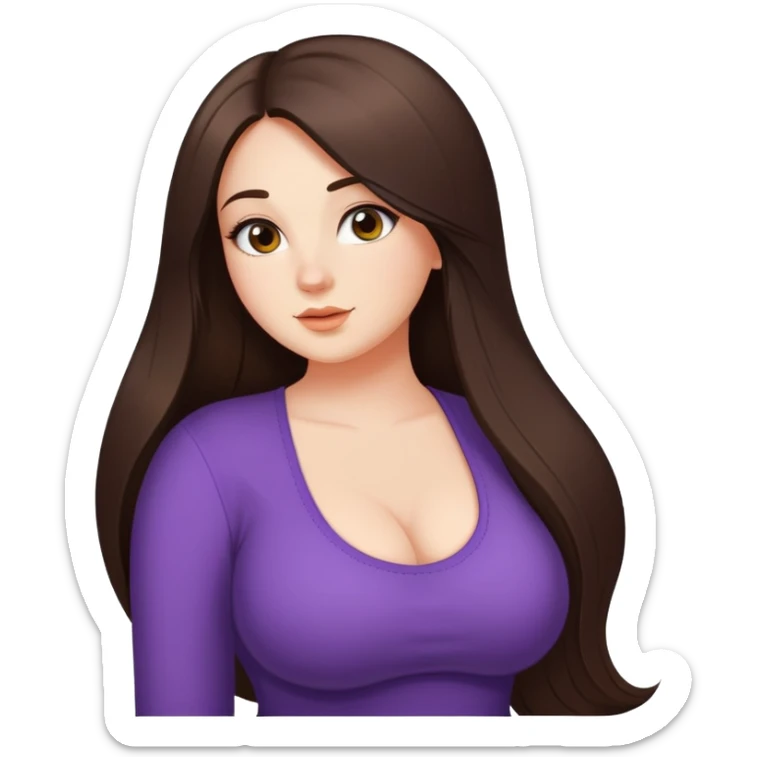 Curvy but beautiful brunette girl, pin straight super long hair, saturated details sticker