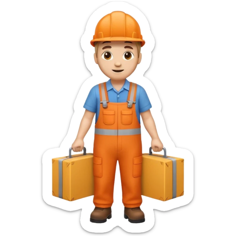 emoji style railway engineer full body in orange overalls, carrying a box in front of them sticker