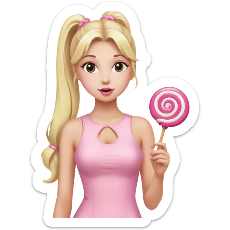 Beautiful woman with long blonde ponytails wearing light pink bodycon dress holding a lollipop sticker