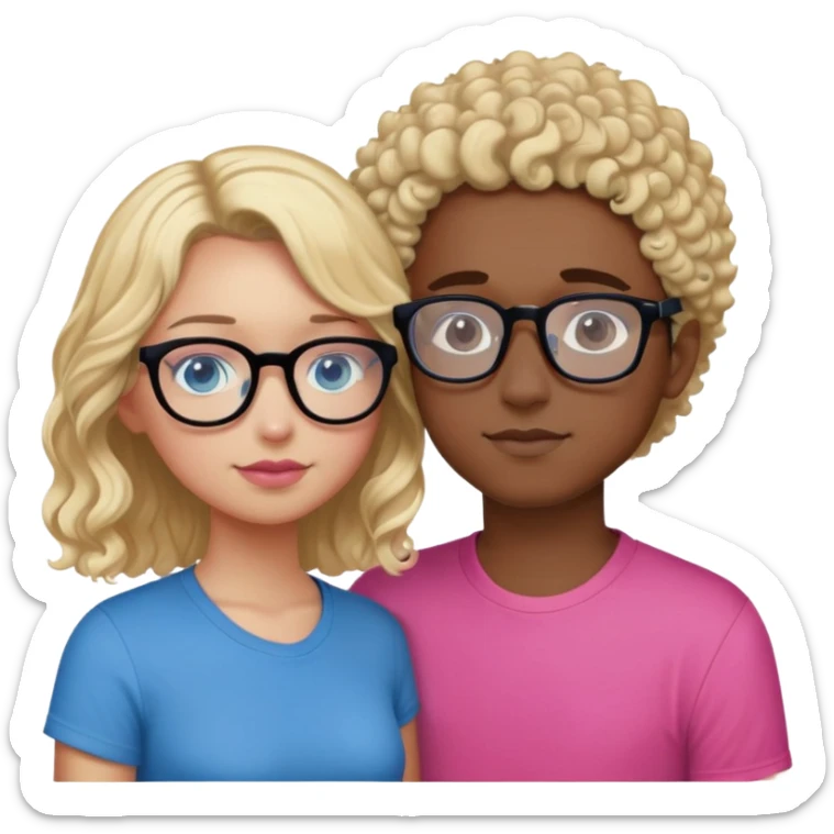 intimate moment between lovers boy with blonde hair black glasses and blue eyes and a black shirt, Girl with a mixed skin tone, dark brown curly hair, pink glasses, and a pink shirt sticker