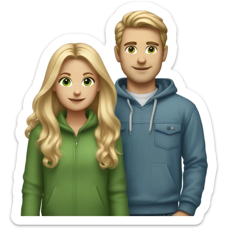 blonder long hair girl portrait green eyes holding hands with man with white and brown mixed colored hair both wearing blue jeans and cozy sweatshirts sticker
