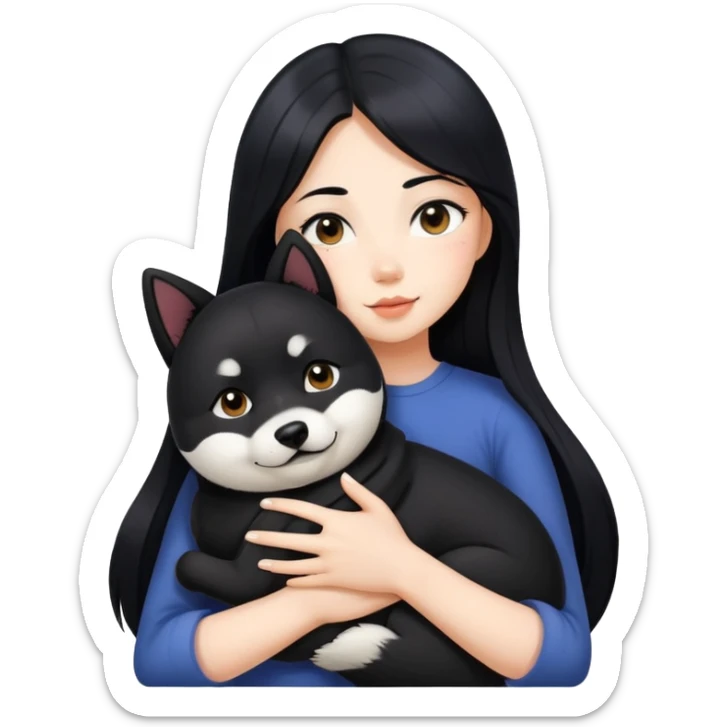 A beautiful girl with long black hair hugs a black Shiba Inu sticker