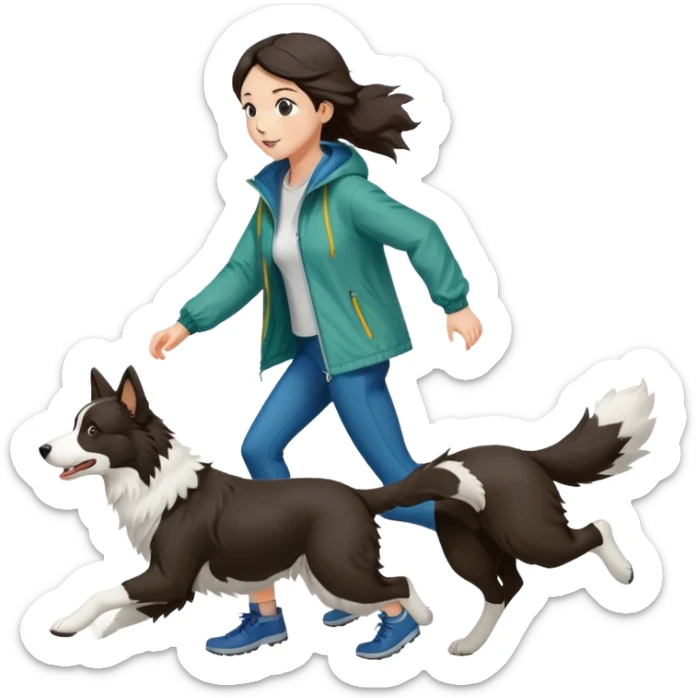A beautiful girl with fair skin wearing a windbreaker chasing a Border Collie sticker