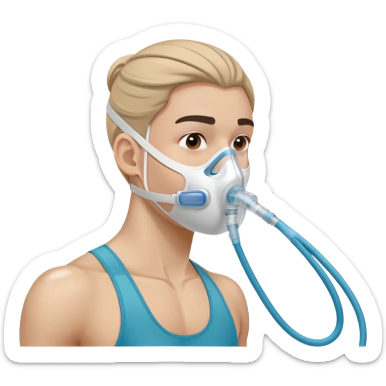 Athlete wearing VO2 max testing mask covering nose and mouth, with tubing connected to measurement equipment sticker