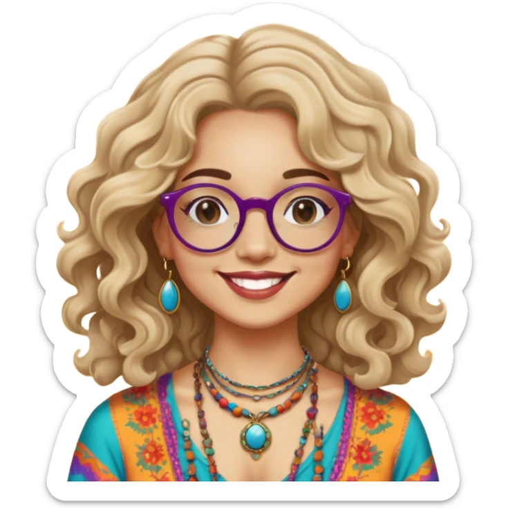 a portrait of janis joplin, with wavy hair, round glasses, and a warm smile. she wears bohemian jewelry and colorful clothing, capturing her iconic 60s vibe against a vibrant background. sticker