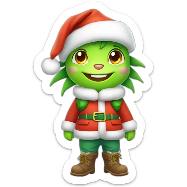 happy little green cartoon dragons of child in winter, in work pants, in work clothes, in winter boots, in a Santa Claus hat, New Year sticker