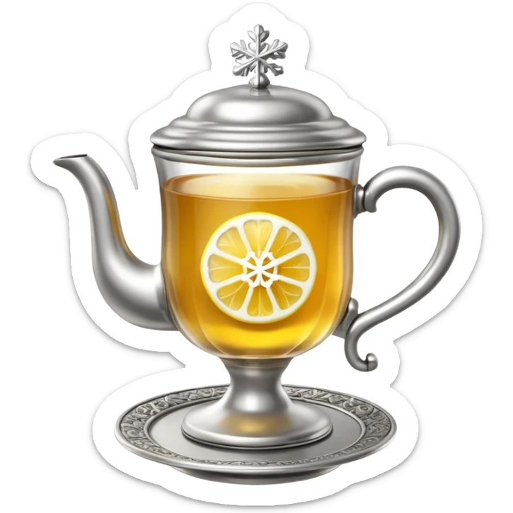 3D emoji of a traditional
Russian tea glass in an ornate silver metal holder (podstakannik). Hot tea with a lemon slice, visible steam forming a small snowflake shape. High-end glossy 3D
 sticker