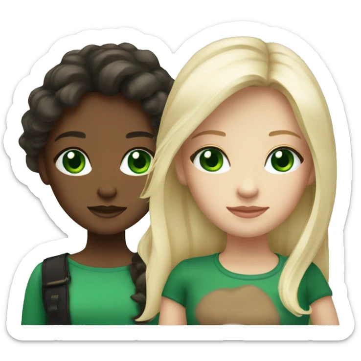 2 girls, one blonde with bright green eyes and the other with long brunette hair and dark green eyes sticker