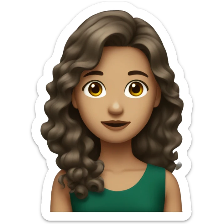 girl with brown long wavy hair, brown eyes, dark green dress sticker
