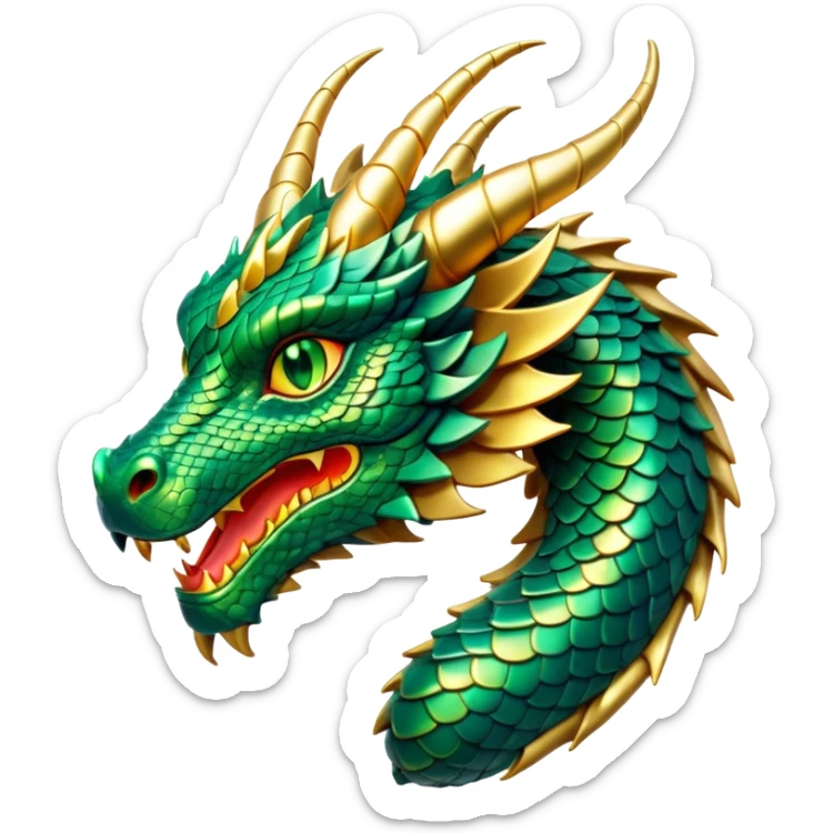 Cinematic Noble Dragon Portrait Emoji, Poised and majestic, with a sinuous, elongated body covered in intricately detailed, shimmering scales in hues of emerald and gold, and piercing, fiery eyes that reflect ancient wisdom; rendered with lifelike texture and natural highlights, high shine, intelligent and formidable, styled with an aura of mythic power, focused and attentive, soft glowing outline, capturing the essence of a legendary dragon that appears ready to soar out of the screen with timeless authority! sticker