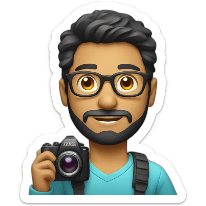 Young Latino film director with small beard and glasses holding a cinema camera sticker