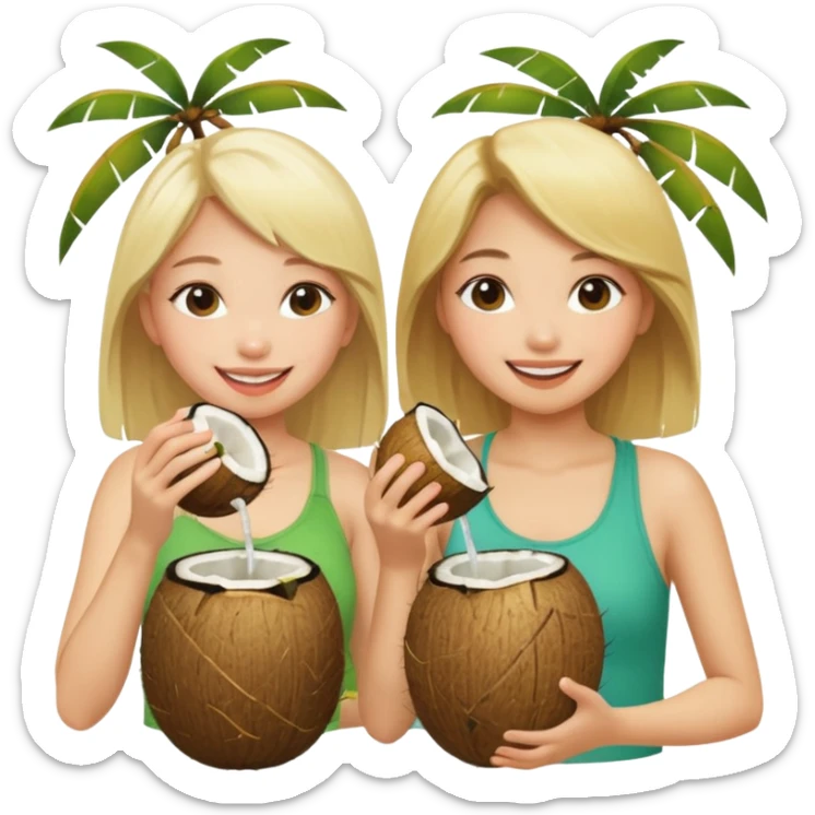 Two girls drinking out of a coconut one Asian one blonde  sticker