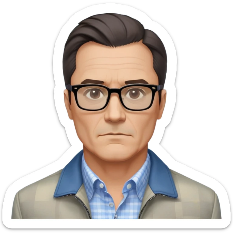 50-year-old man with very prominent and large square jawline that's wider than the rest of his face. Large dark square glasses, short straight hair combed to the side with some gray. Serious-relaxed expression. Light gray jacket, white shirt with blue checkered pattern. sticker