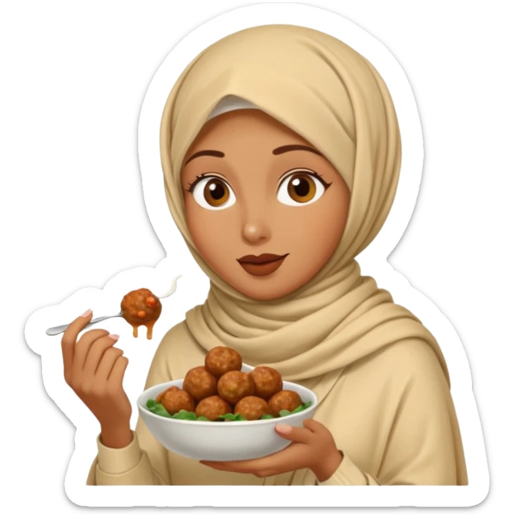 woman wearing a cream colored pashmina hijab eating meatballs sticker