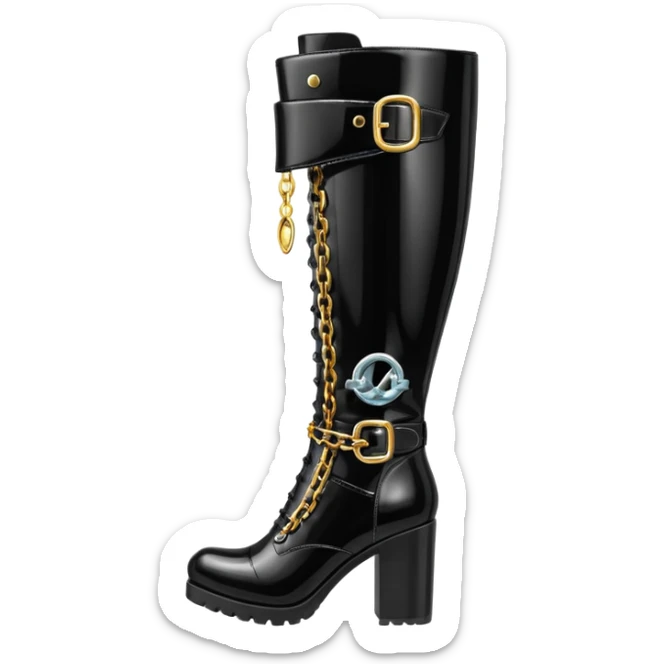 knee-high ultra detailed black patent leather boots with metallic buckle and chains sticker