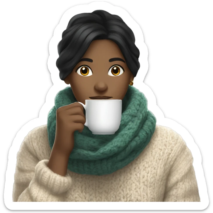 White girl black hair in a sweater and scarf sipping tea  sticker