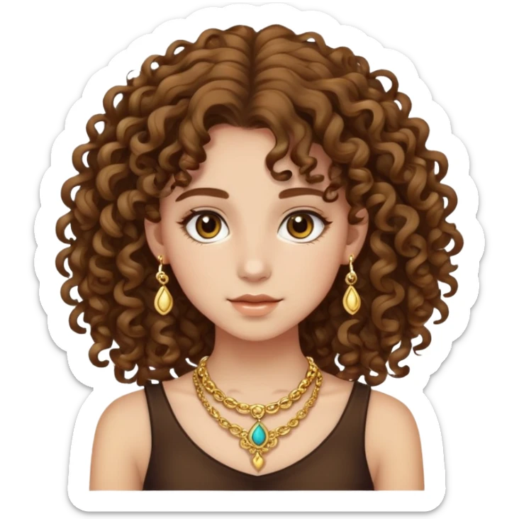 Teenage girl with curly brown hair, choni style with gold jewelry sticker